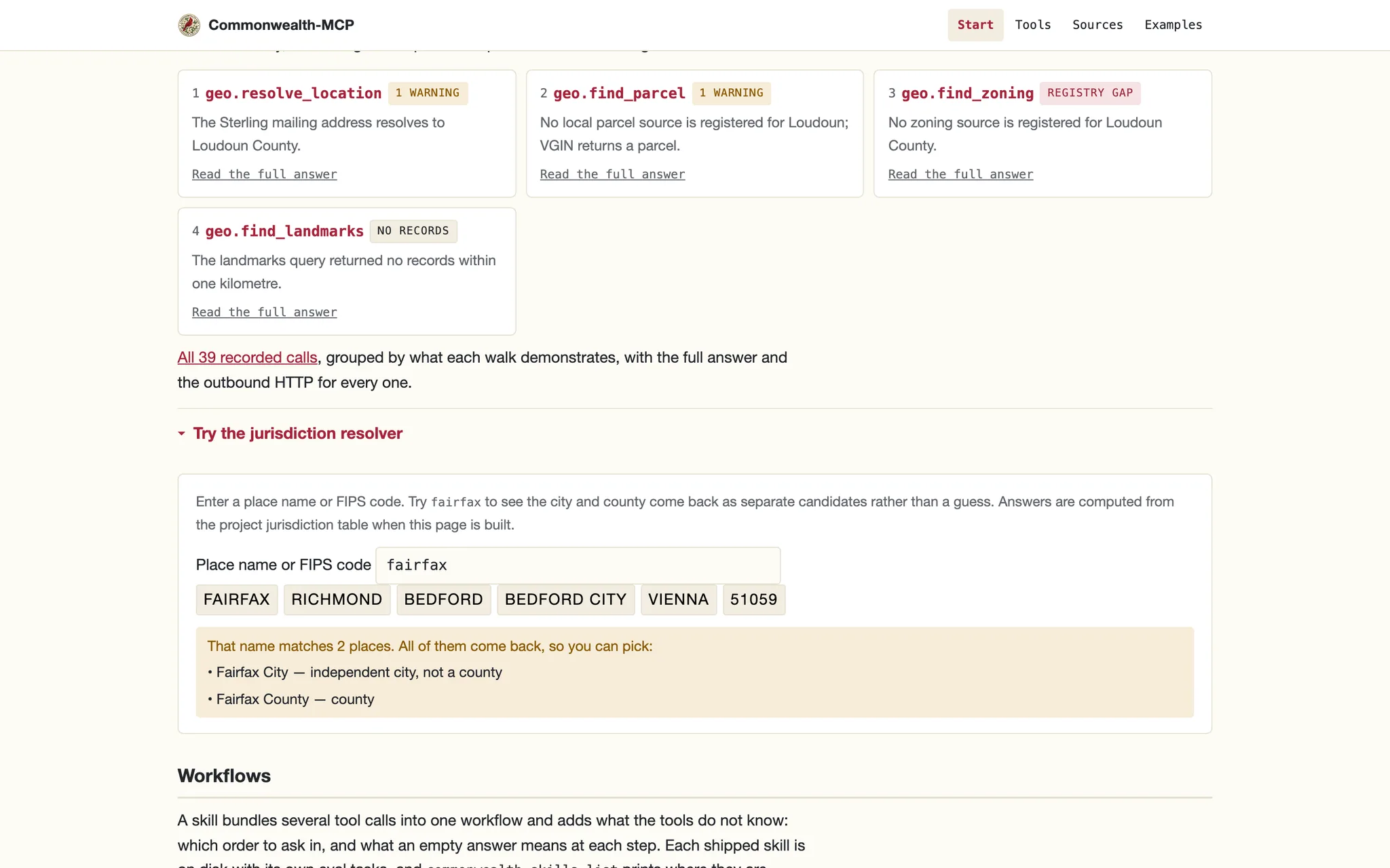 The jurisdiction resolver, expanded: type a place name or FIPS code and it disambiguates the city and county as separate candidates rather than guessing, computed from the project's own jurisdiction table at build time (desktop)