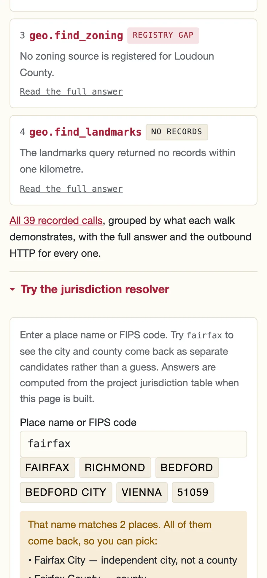 The jurisdiction resolver, expanded: type a place name or FIPS code and it disambiguates the city and county as separate candidates rather than guessing, computed from the project's own jurisdiction table at build time (mobile)