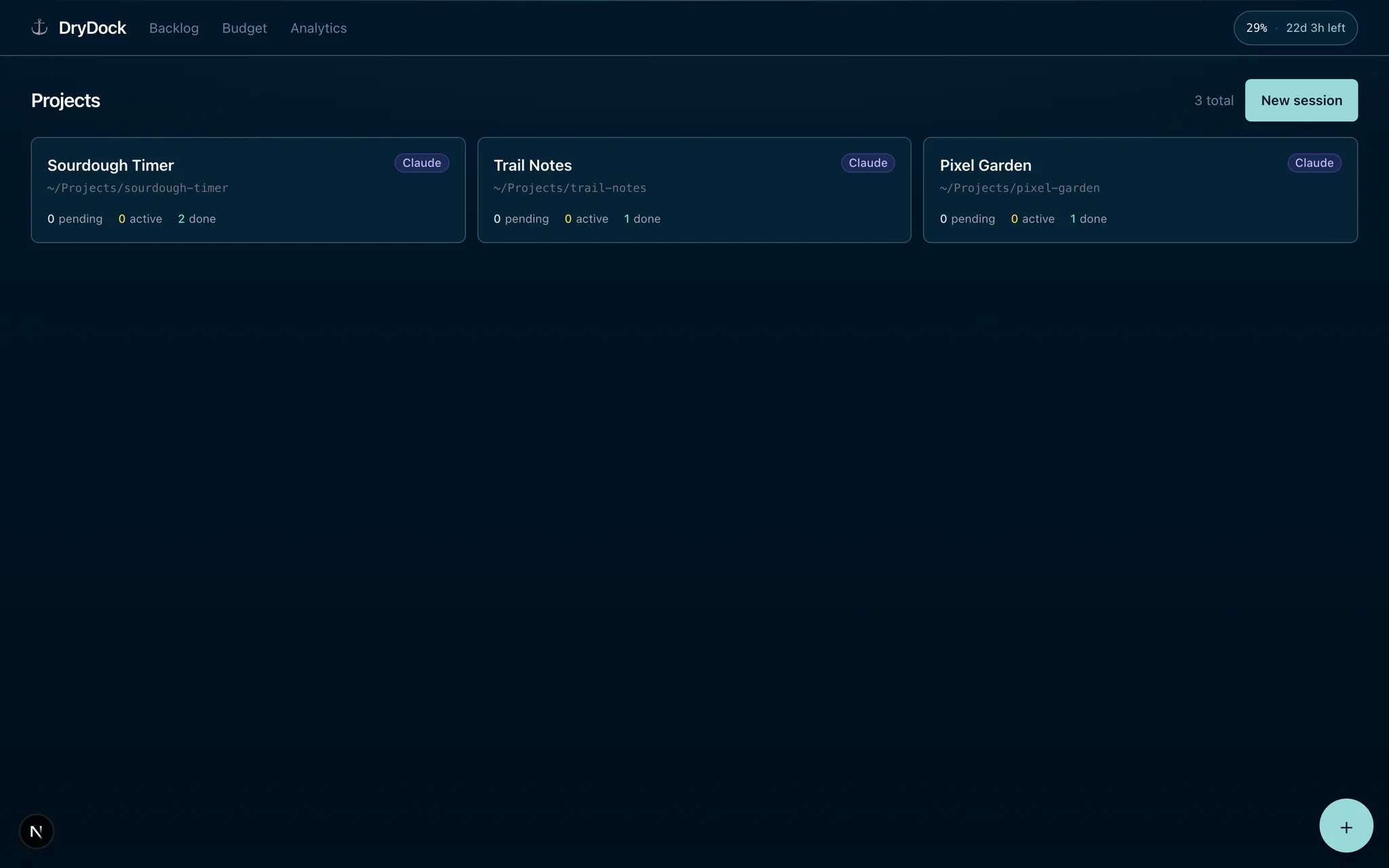 The dashboard: every project is a card with pending, active, and done runs (desktop)
