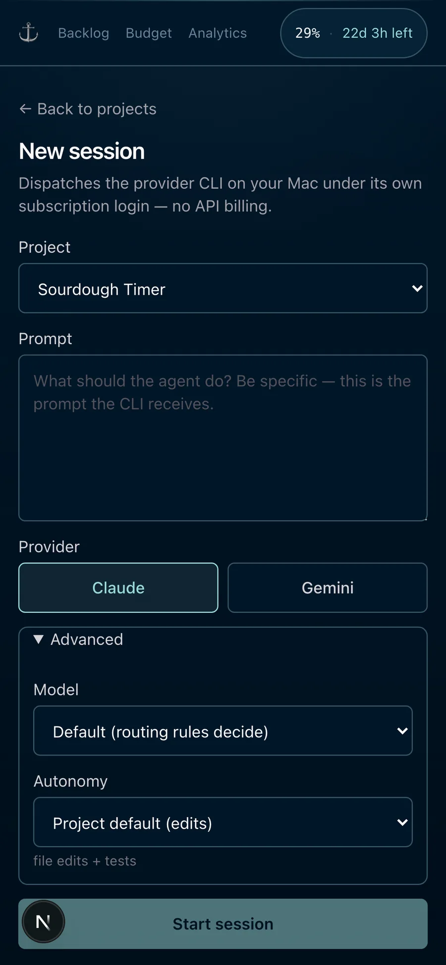 One-tap session kickoff: a free-form prompt against a chosen project, Claude or Gemini, and per-run model and autonomy overrides (mobile)