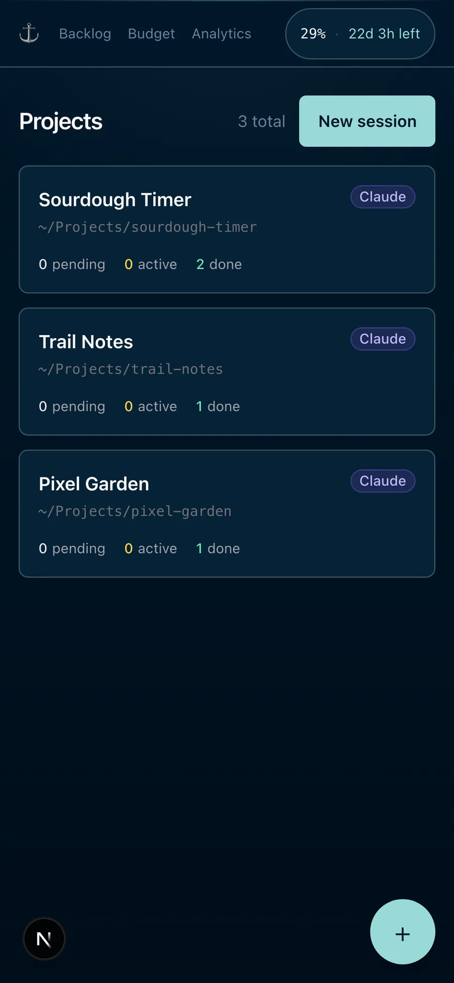 The dashboard: every project is a card with pending, active, and done runs (mobile)
