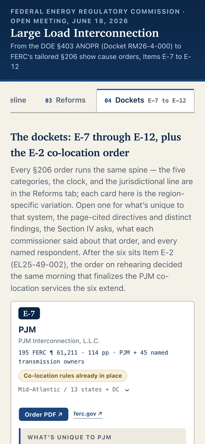 The Dockets tab splits the six show-cause orders (Items E-7 through E-12) into per-RTO accordions (mobile)