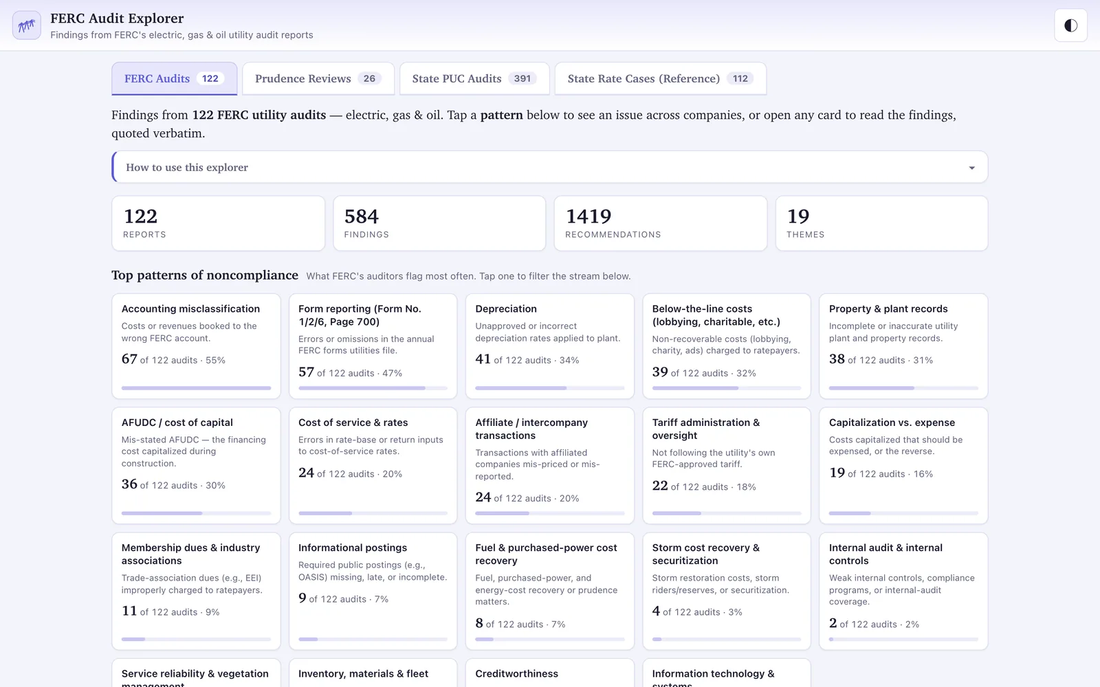 The explorer indexes the audit corpus (desktop)