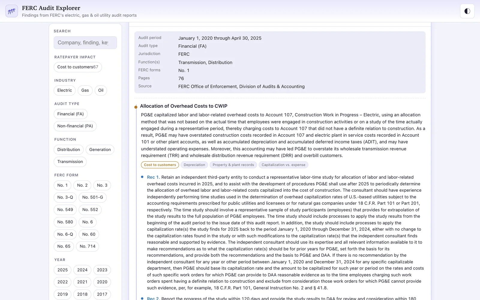 Expanding a report reveals each finding of noncompliance and FERC's corrective recommendations (desktop)