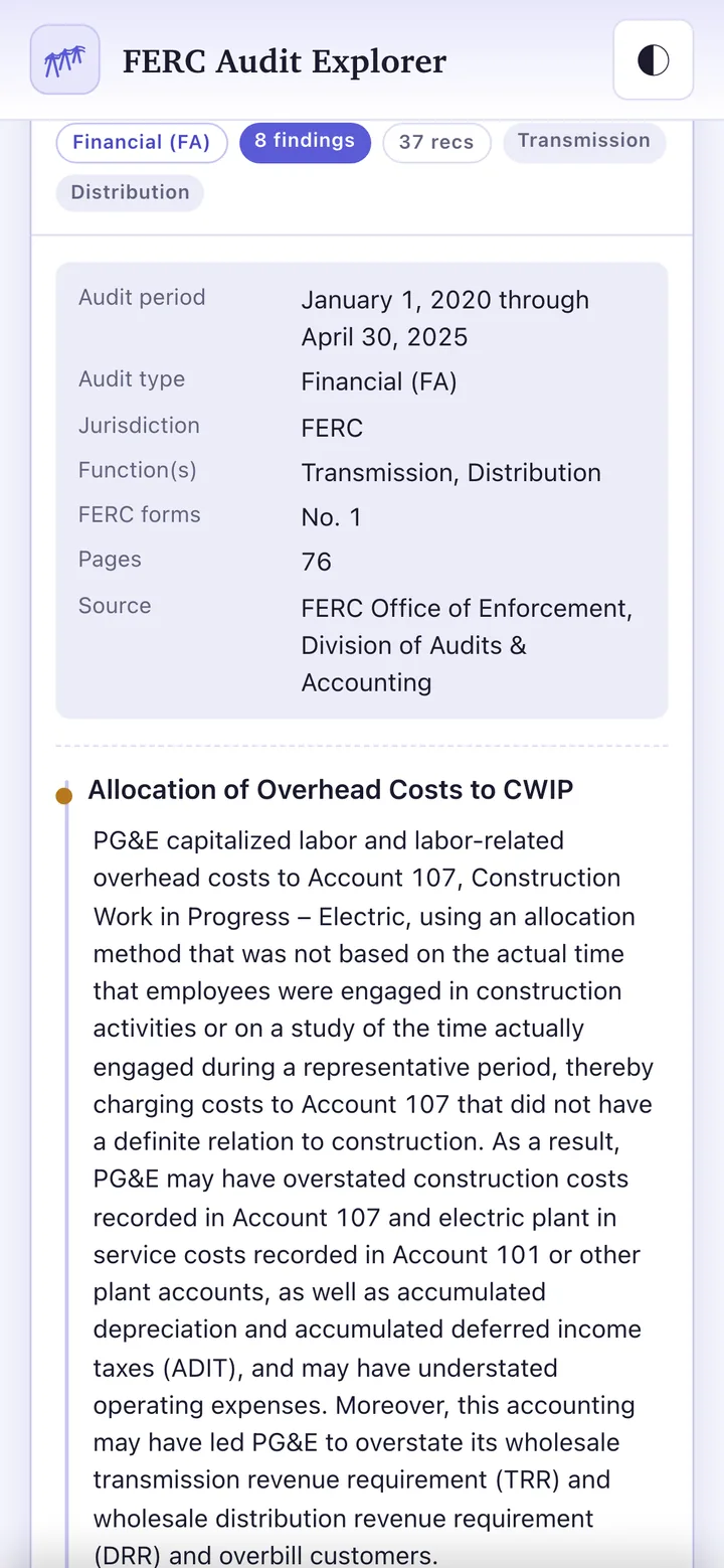 Expanding a report reveals each finding of noncompliance and FERC's corrective recommendations (mobile)