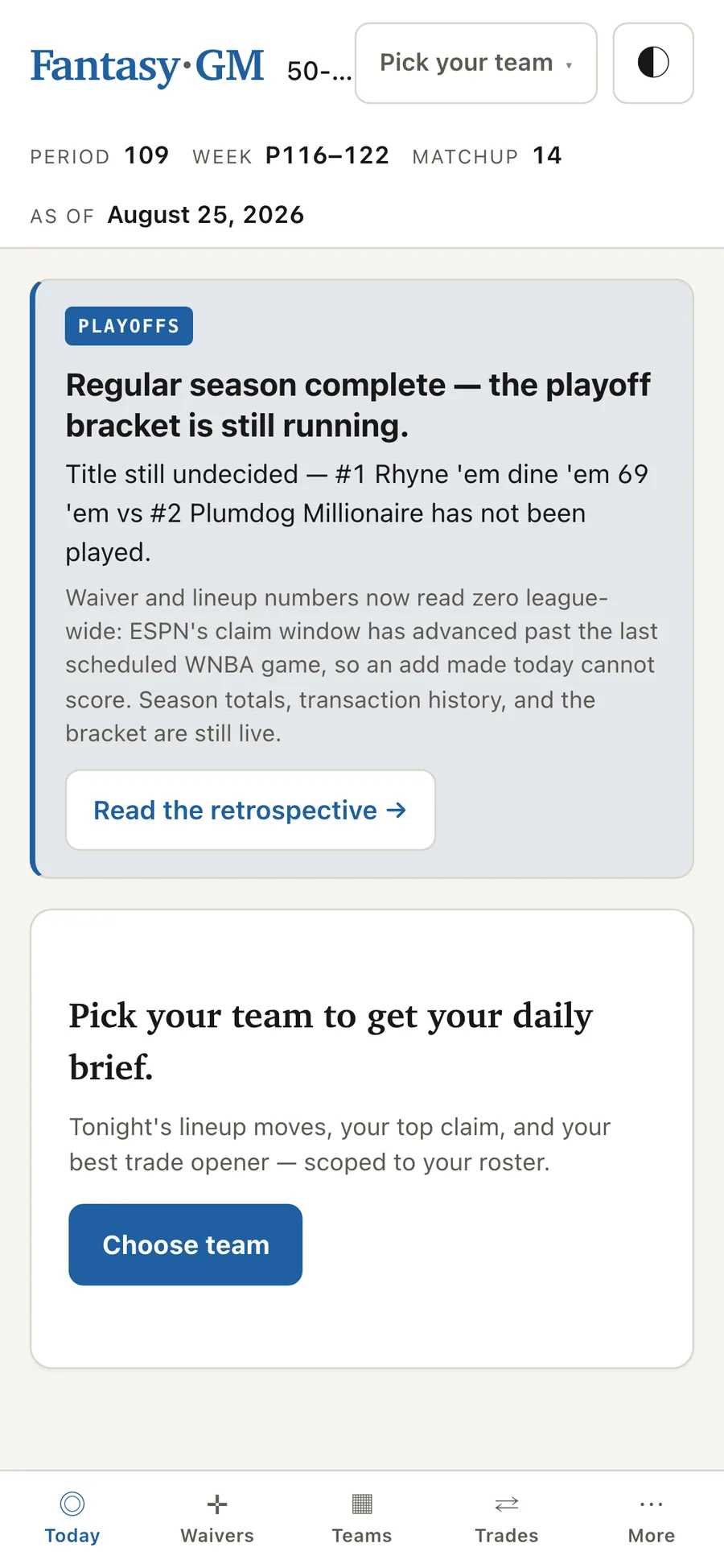 Season complete, playoffs still running (mobile)