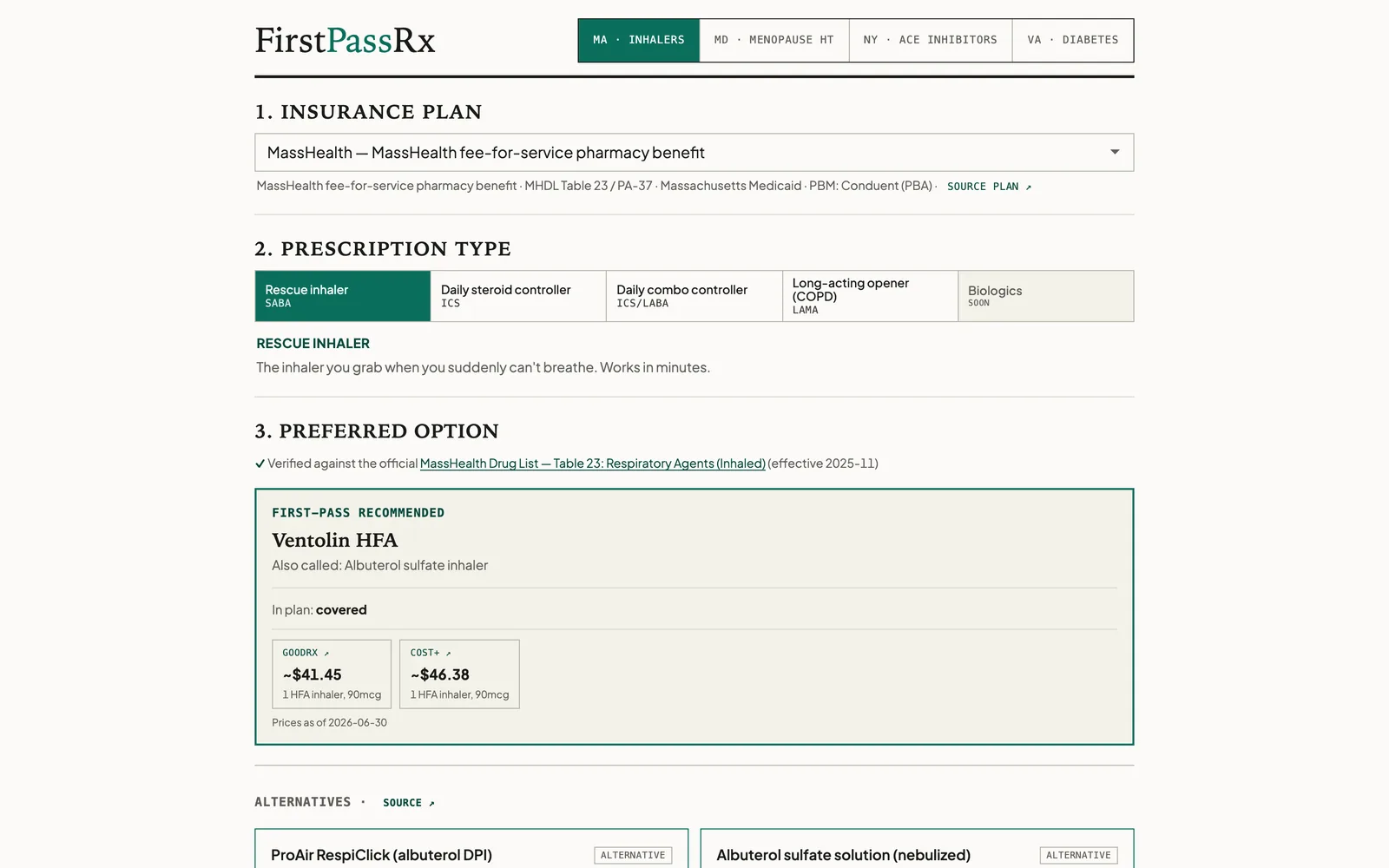 Pick an insurance plan and a prescription type, and the tool returns that plan's first-pass agent (desktop)