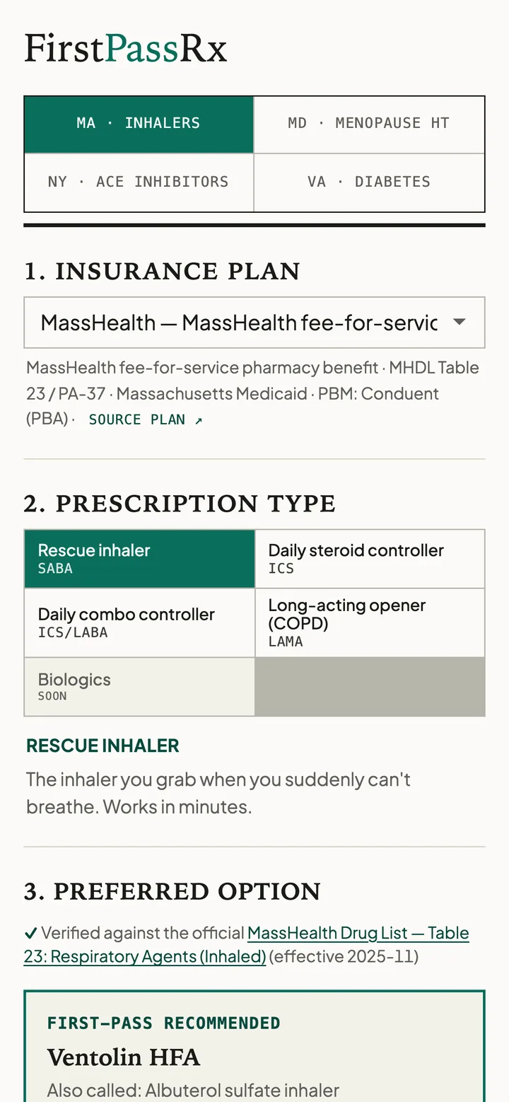Pick an insurance plan and a prescription type, and the tool returns that plan's first-pass agent (mobile)