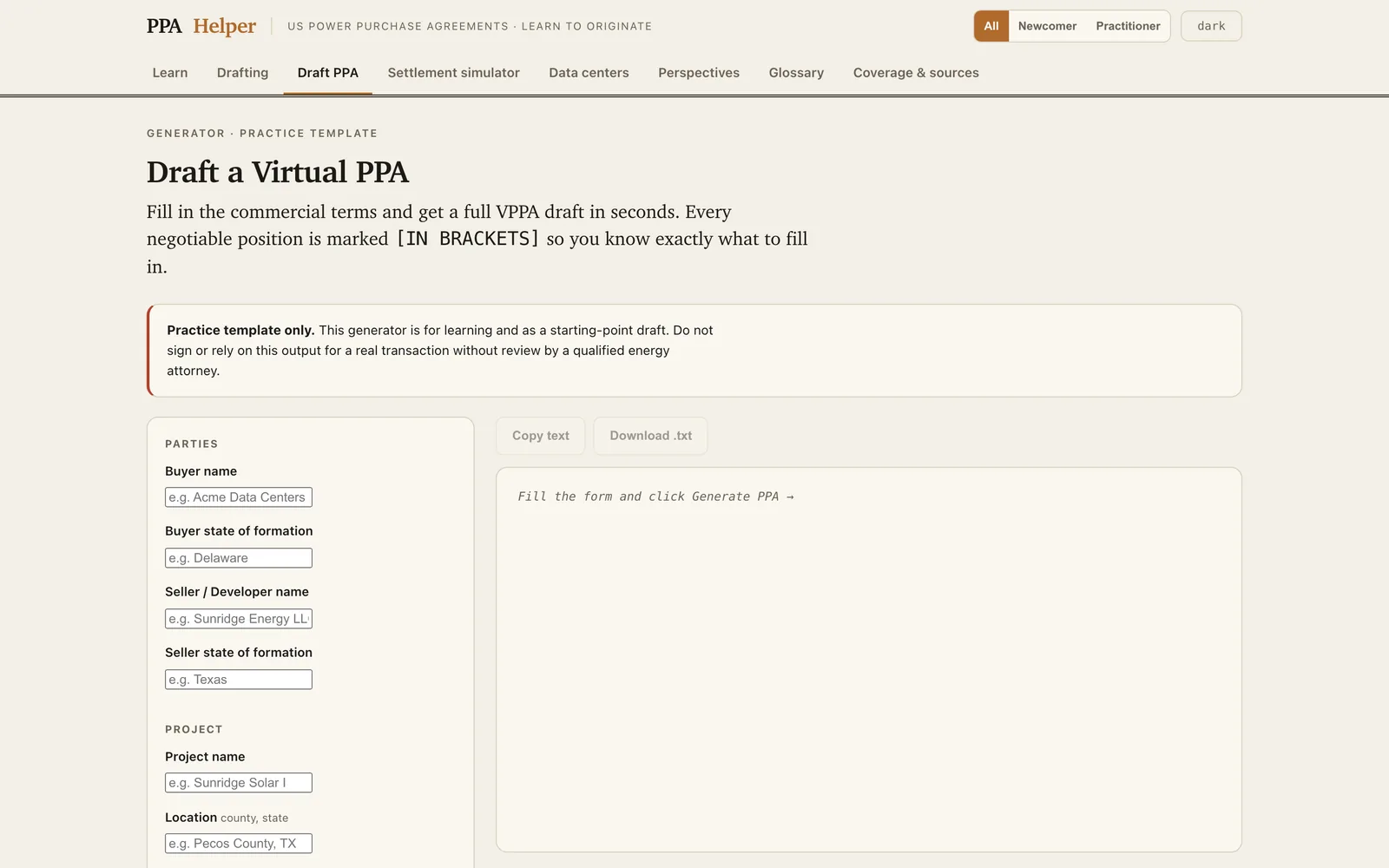 The Draft PPA tab generates a full VPPA practice template in seconds (desktop)