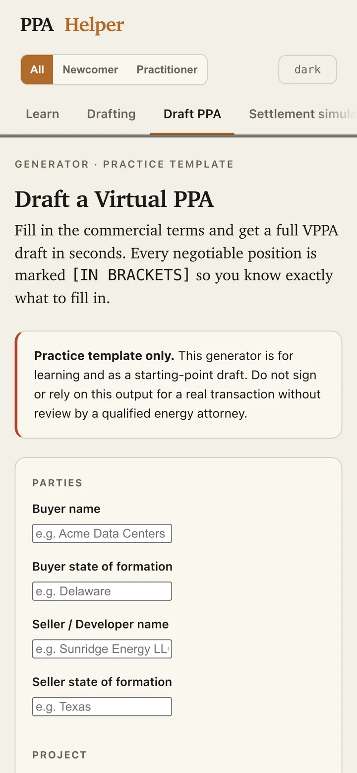 The Draft PPA tab generates a full VPPA practice template in seconds (mobile)