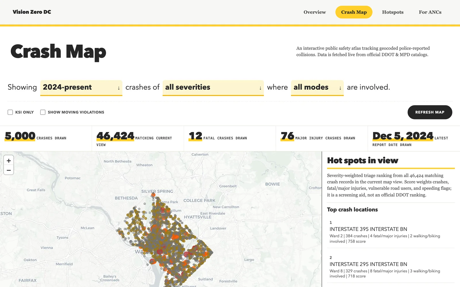 The Crash Map queries DC's live ArcGIS crash layer in real time (desktop)