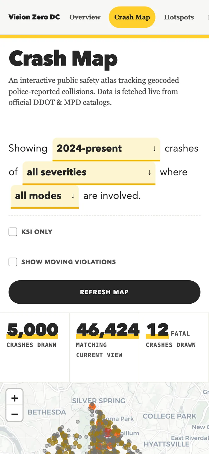 The Crash Map queries DC's live ArcGIS crash layer in real time (mobile)