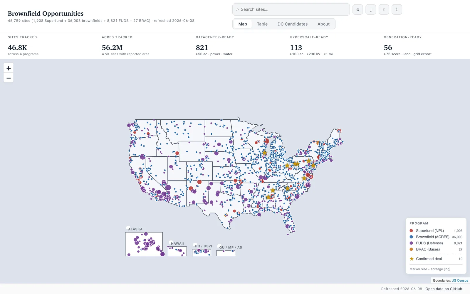 ~46,800 federally-tracked contaminated sites mapped across Superfund (NPL) (desktop)