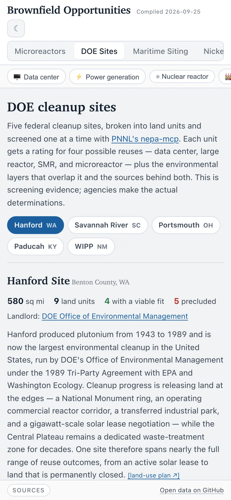 DOE Sites contains land-unit dossiers (mobile)