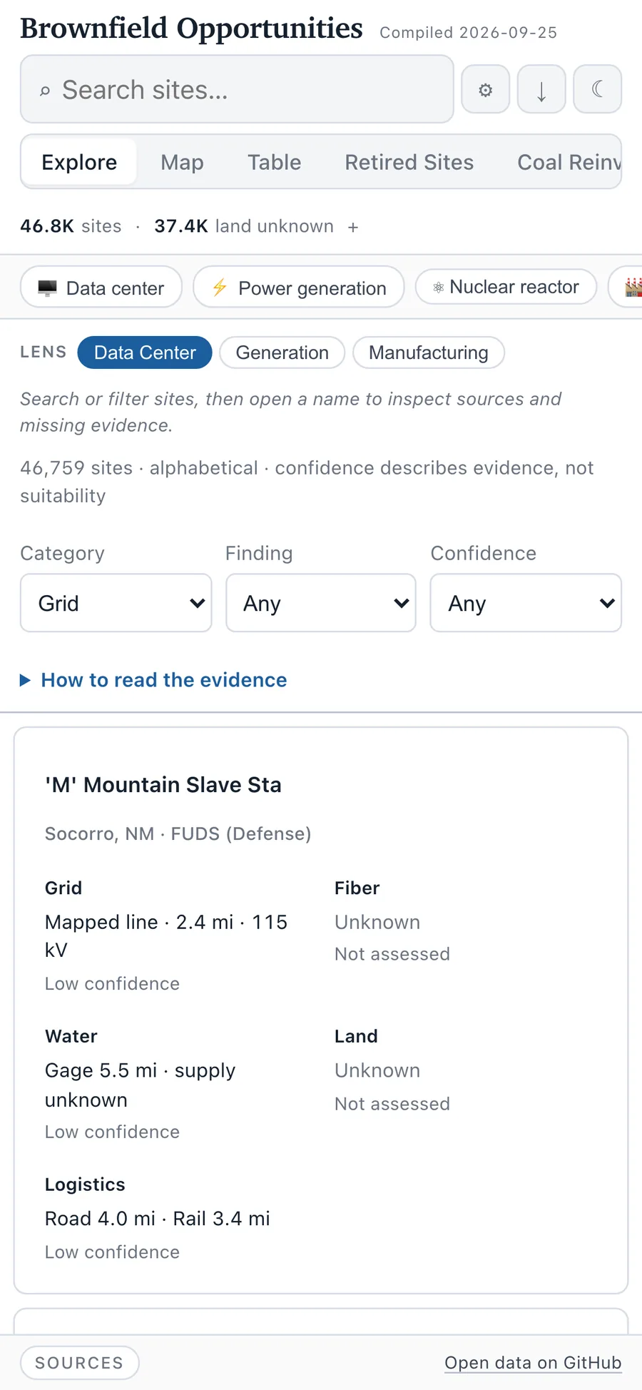 Explore separates Grid, Fiber, Water, Land and Logistics evidence (mobile)