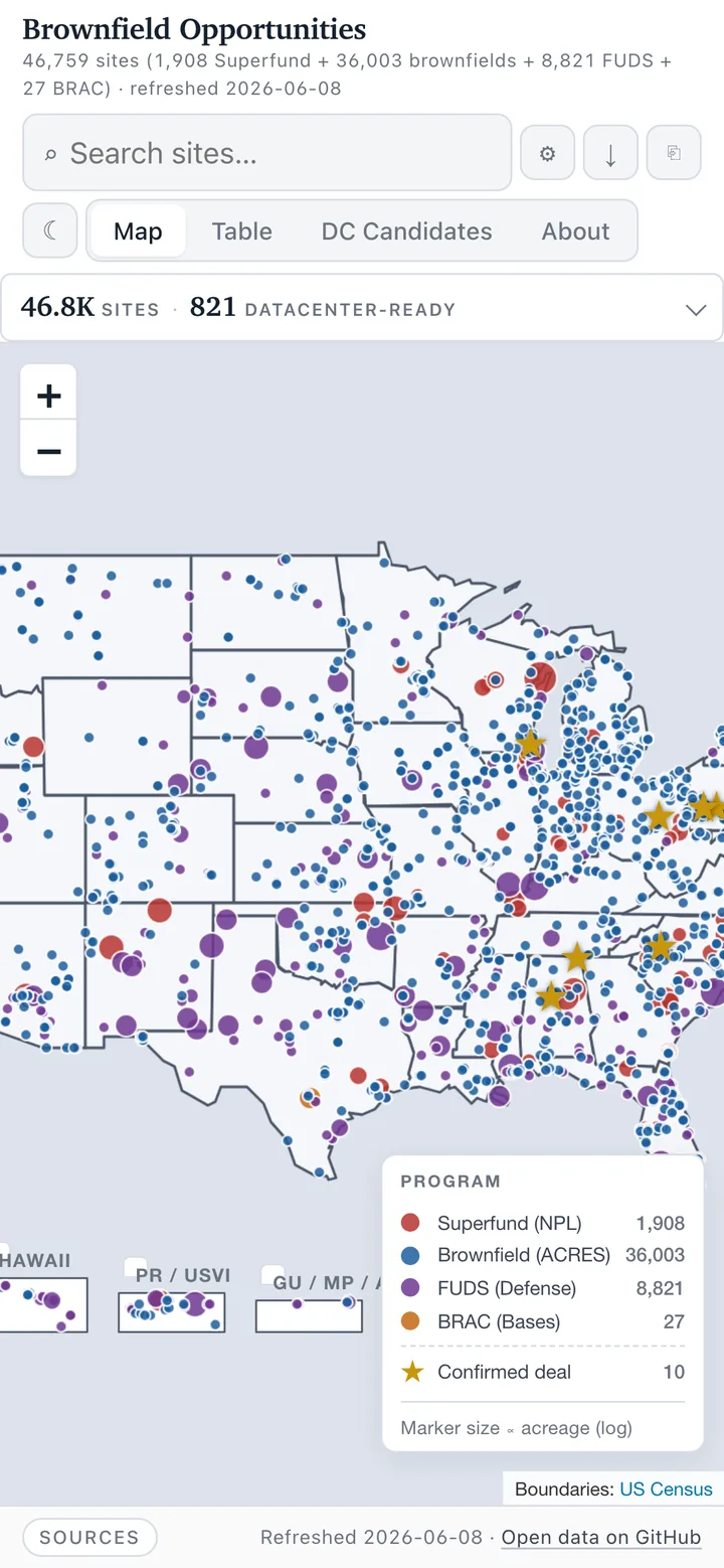 ~46,800 federally-tracked contaminated sites mapped across Superfund (NPL) (mobile)
