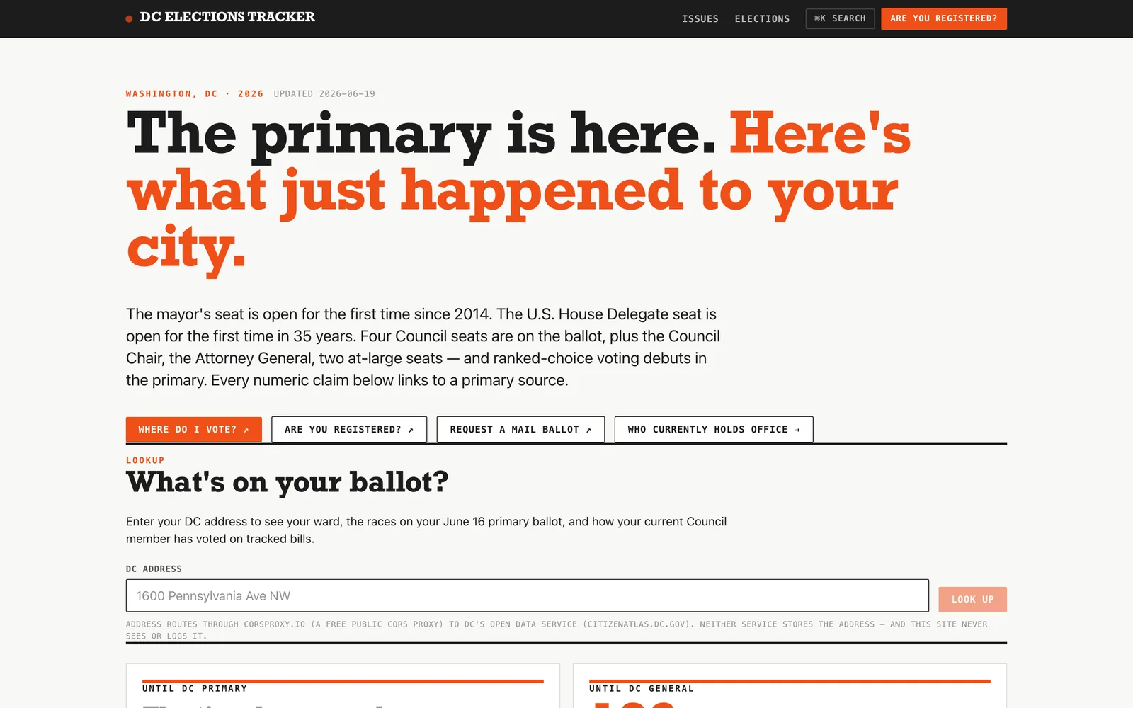 The homepage leads with what just changed in the race and a live countdown to the primary (desktop)