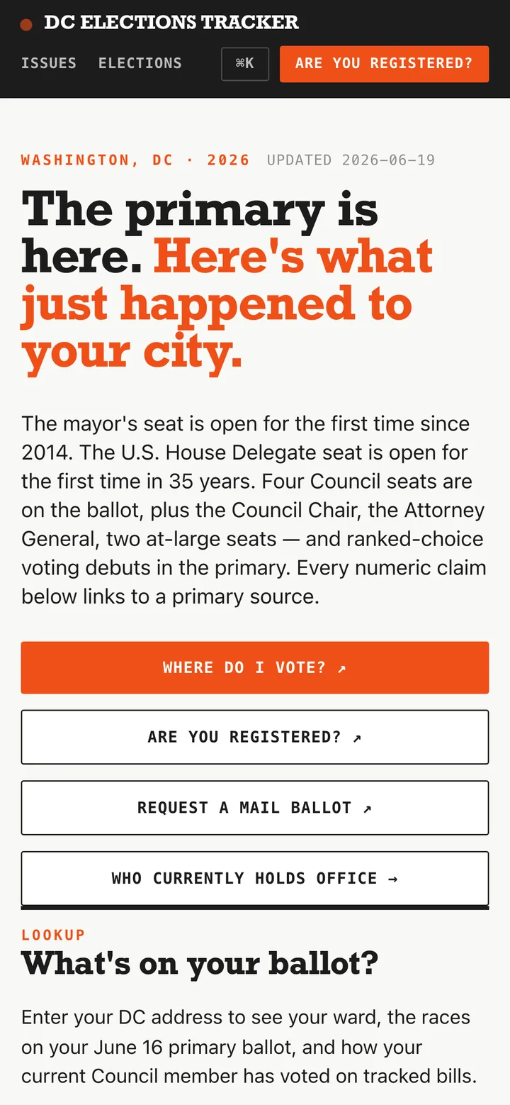 The homepage leads with what just changed in the race and a live countdown to the primary (mobile)