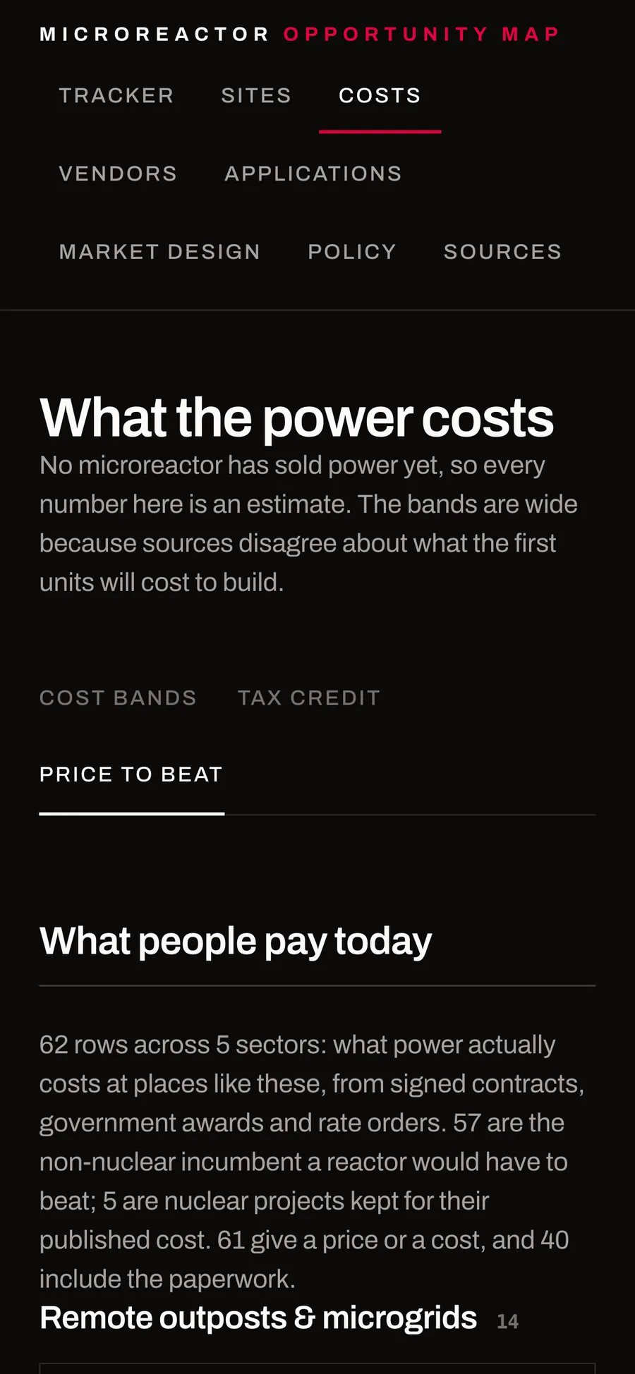 The Price to Beat sub-tab: 62 real-world prices from signed contracts, government awards, and rate orders across five sectors (mobile)