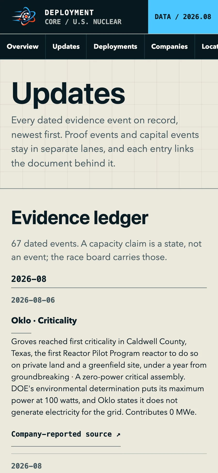 The evidence ledger: every dated proof and capital event (mobile)
