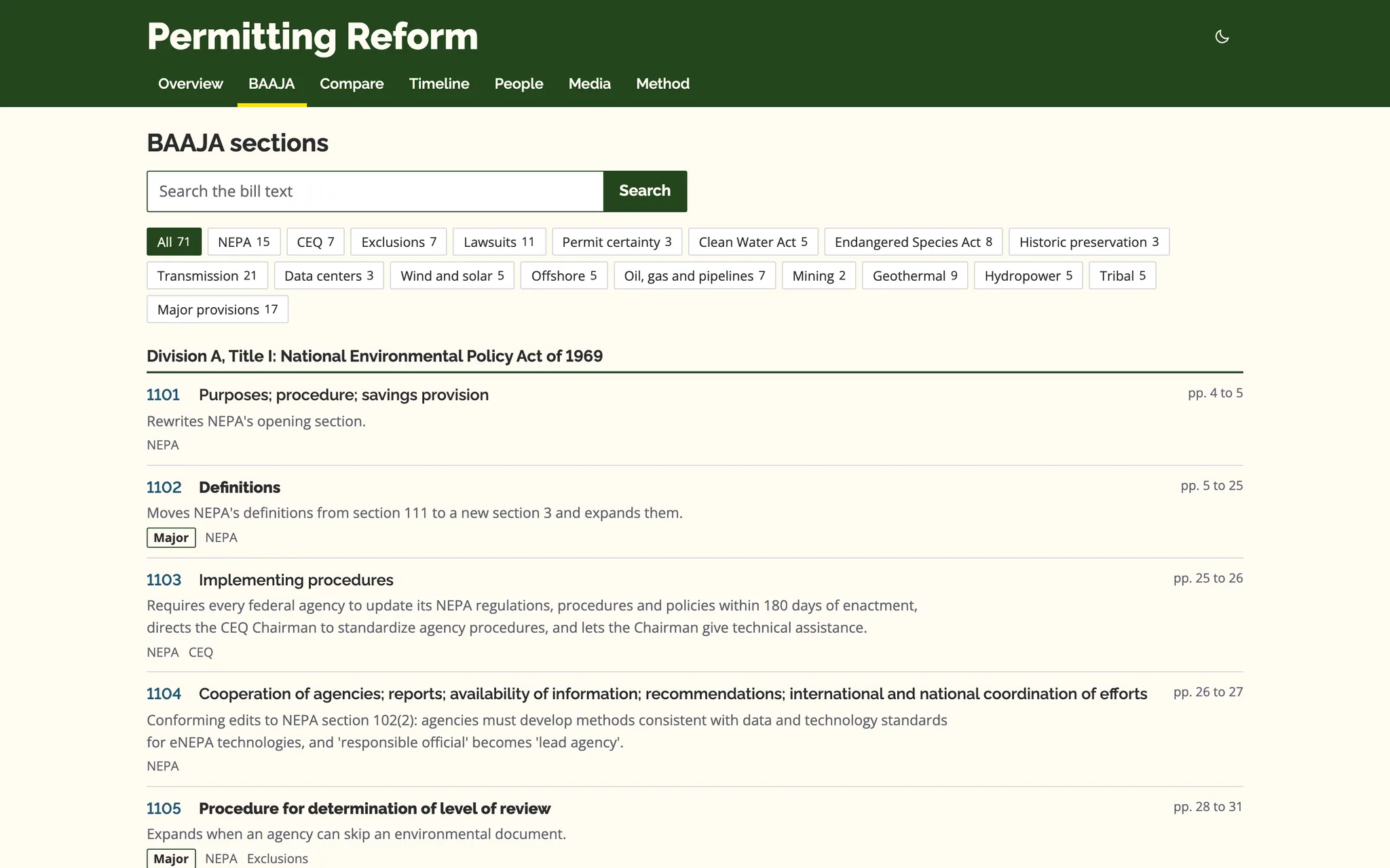 The bill explorer provides section summaries (desktop)