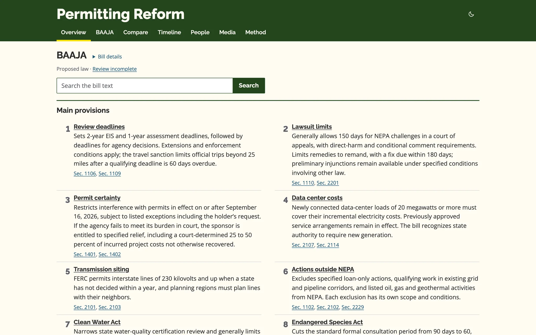 The overview links proposed permitting changes to the printed bill (desktop)