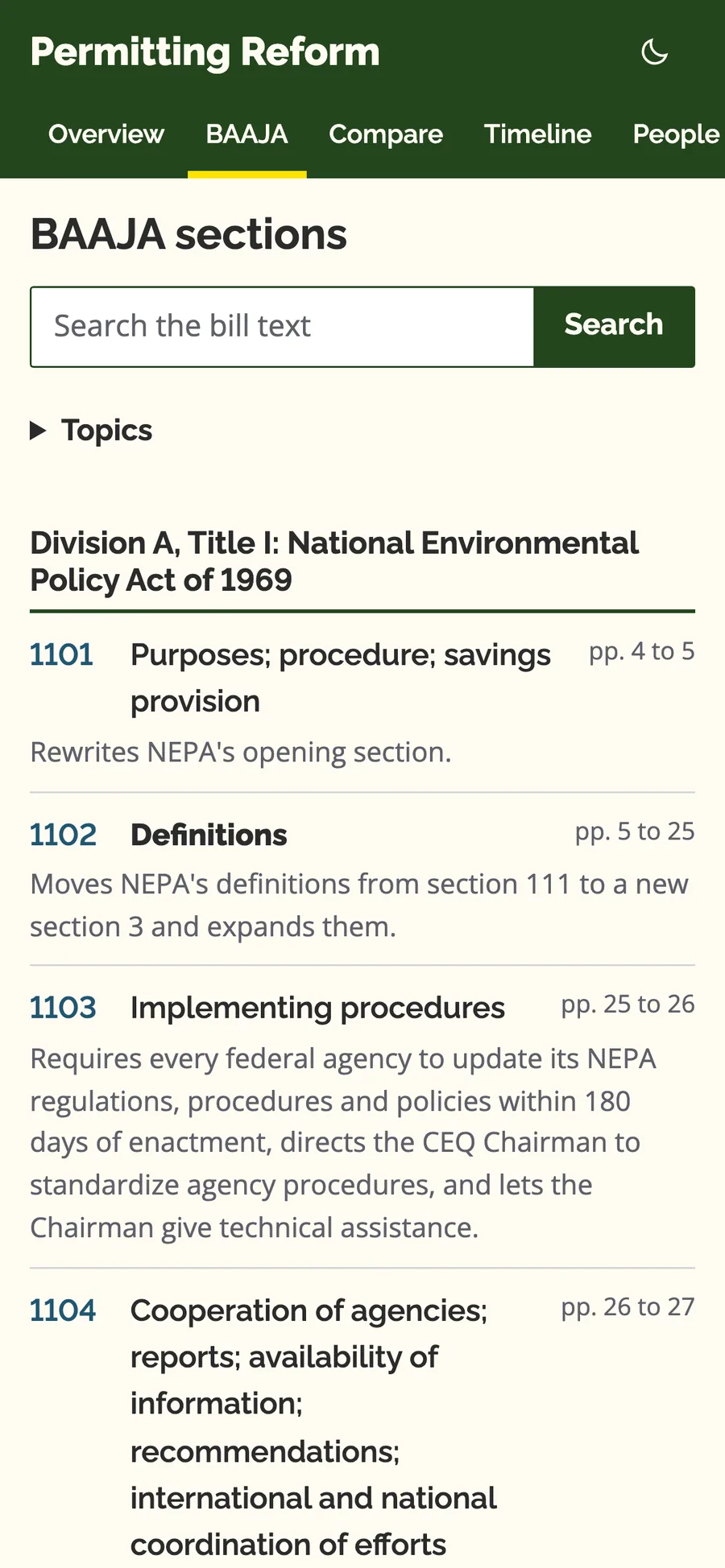 The bill explorer provides section summaries (mobile)