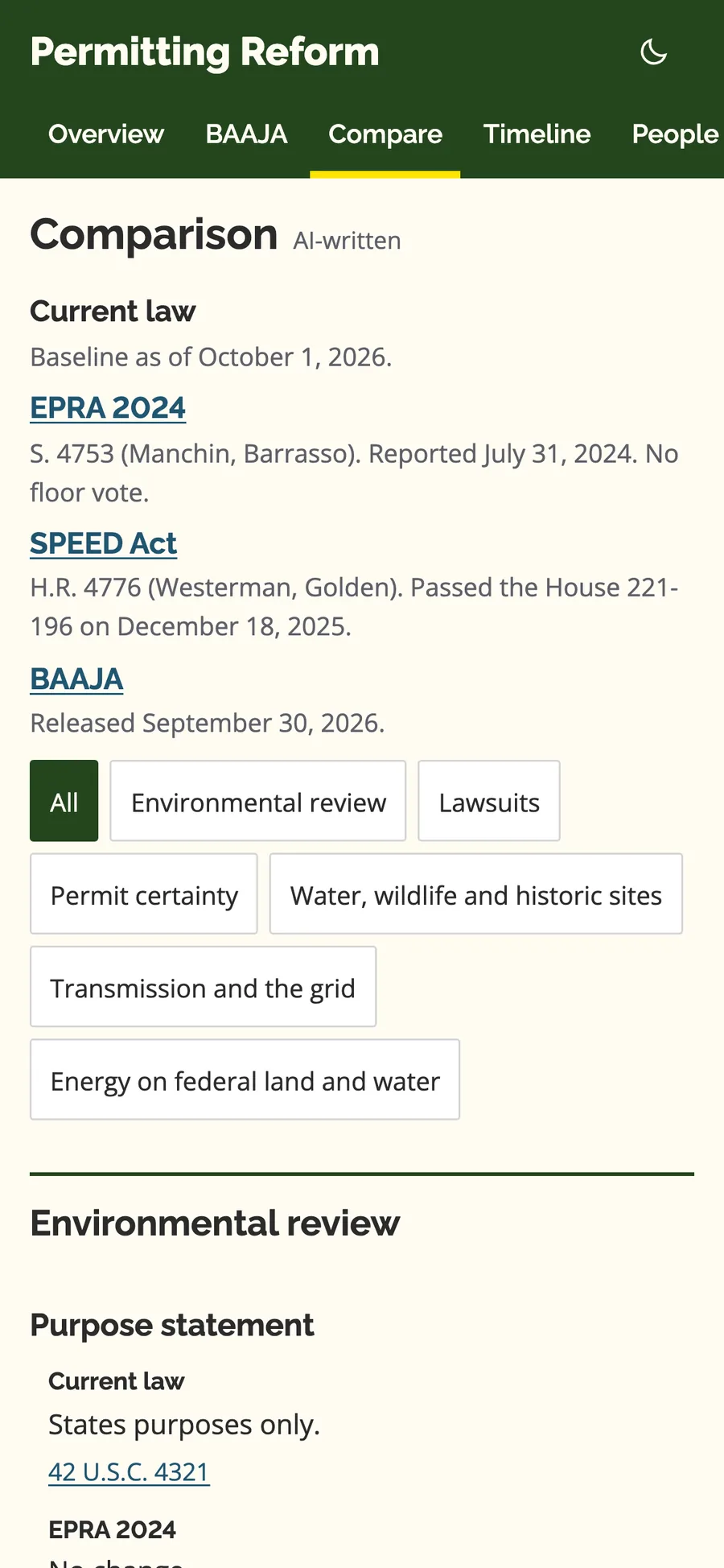 Compare places current law and earlier permitting bills beside the 2026 Senate proposal (mobile)
