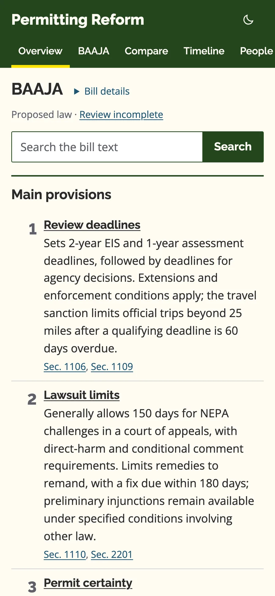 The overview links proposed permitting changes to the printed bill (mobile)