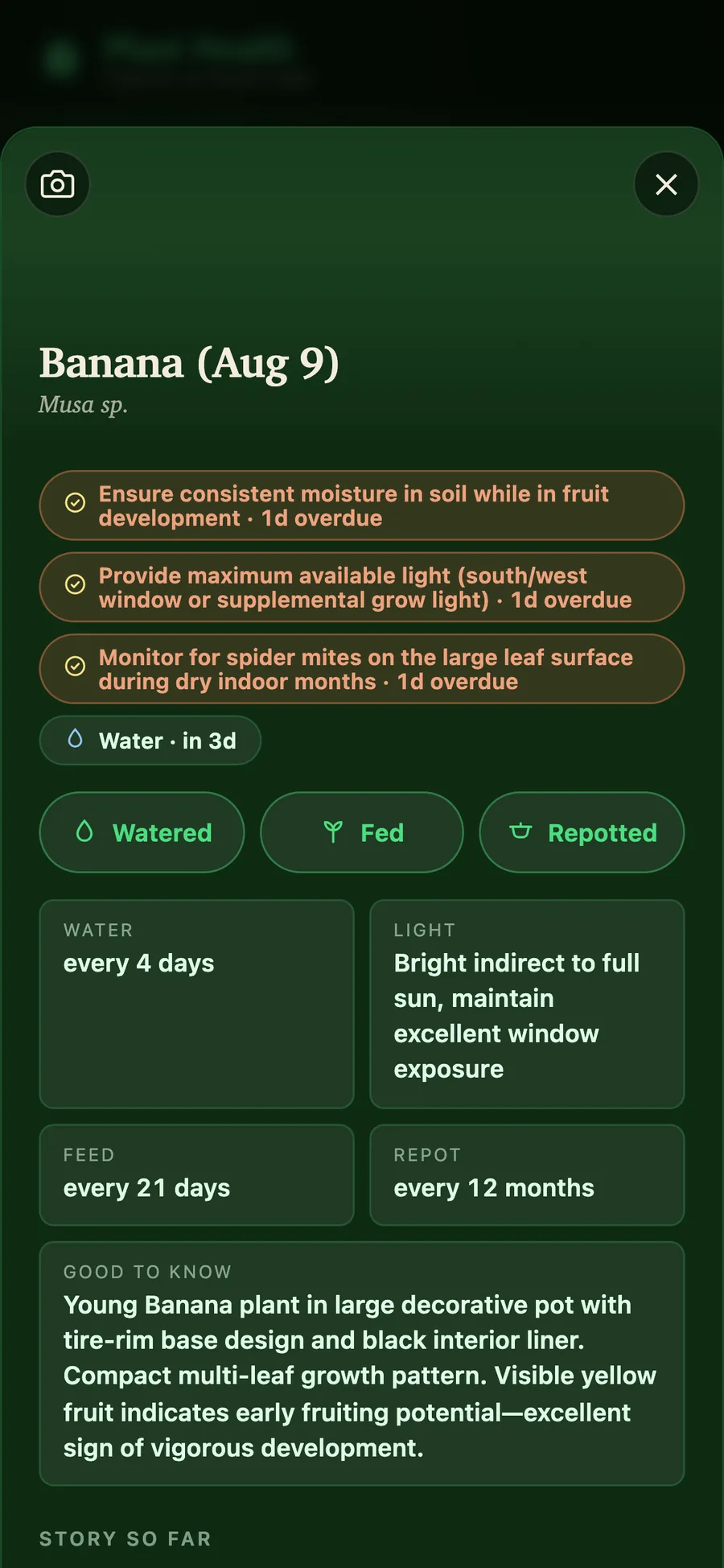 Every plant gets a dossier: care cadences from a sourced species database (mobile)