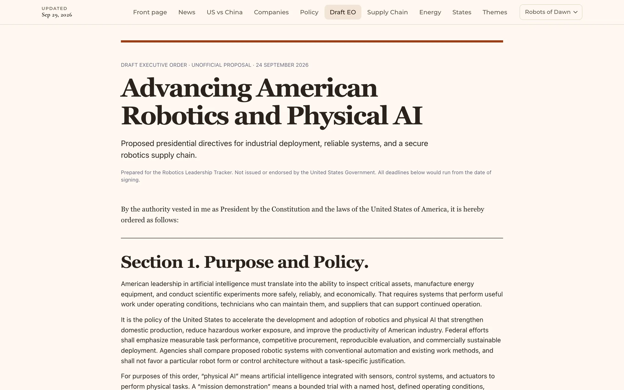 The draft Physical AI executive order sets out a proposed federal deployment program (desktop)