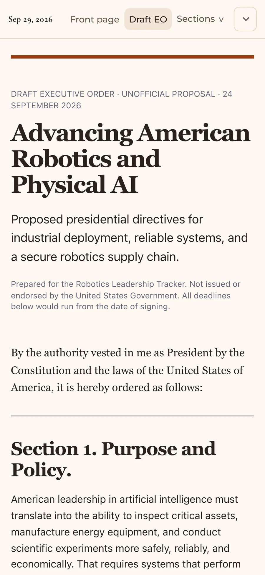 The draft Physical AI executive order sets out a proposed federal deployment program (mobile)