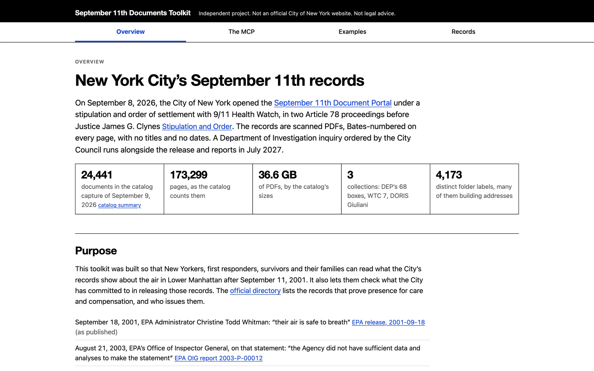 September 11th Documents Toolkit overview on desktop