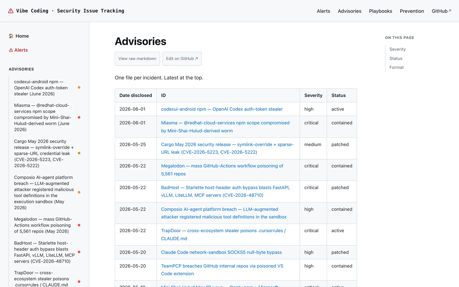 The advisory index: one file per incident (desktop)