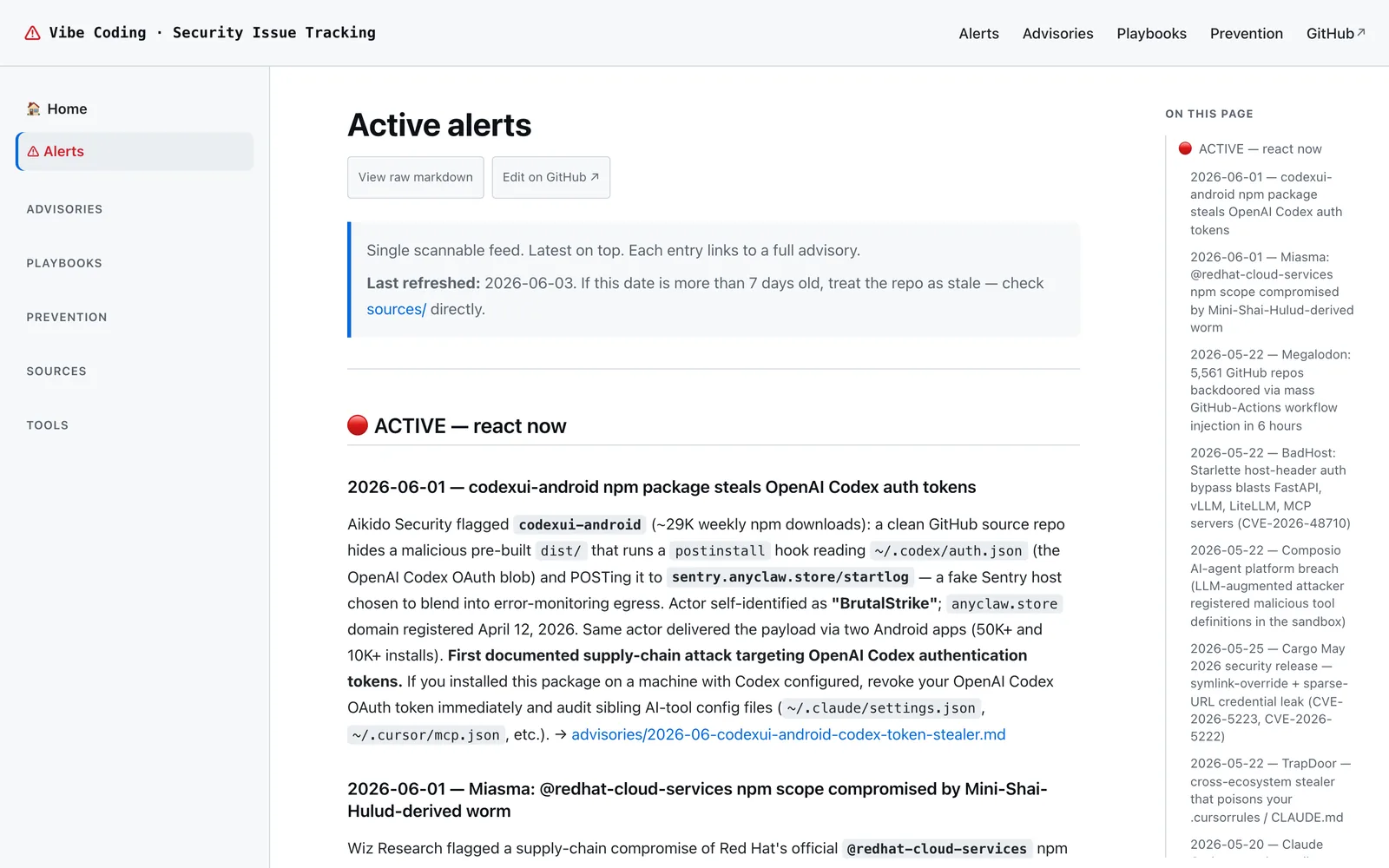 A single scannable alerts feed, newest first (desktop)